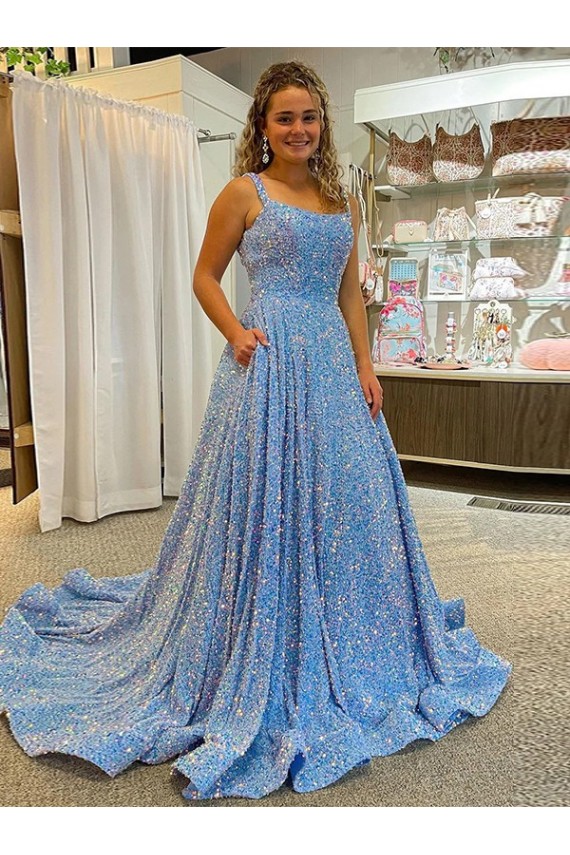 A-Line Scoop Sleeveless Long Court Train Velvet Sequin Prom Dress Clearance