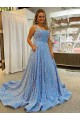 A-Line Scoop Sleeveless Long Court Train Velvet Sequin Prom Dress Clearance