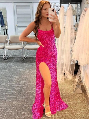 Spaghetti Straps Sleeveless Long Velvet Sequin Prom Dress with Slit and Criss Cross Open Back Clearance