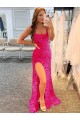 Spaghetti Straps Sleeveless Long Velvet Sequin Prom Dress with Slit and Criss Cross Open Back Clearance