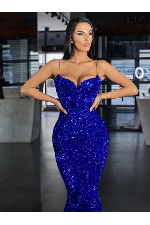 Mermaid Spaghetti Straps Sleeveless Long Sweep Train Velvet Sequin Prom Dress Clearance