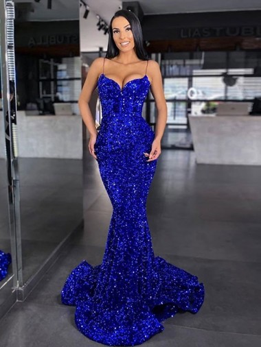 Mermaid Spaghetti Straps Sleeveless Long Sweep Train Velvet Sequin Prom Dress Clearance