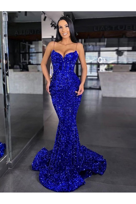 Mermaid Spaghetti Straps Sleeveless Long Sweep Train Velvet Sequin Prom Dress Clearance