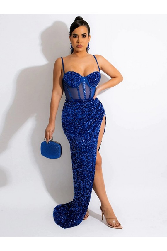 Long Sweep Train Spaghetti Straps Sleeveless Velvet Sequin Prom Dress with Slit Clearance