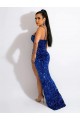 Long Sweep Train Spaghetti Straps Sleeveless Velvet Sequin Prom Dress with Slit Clearance
