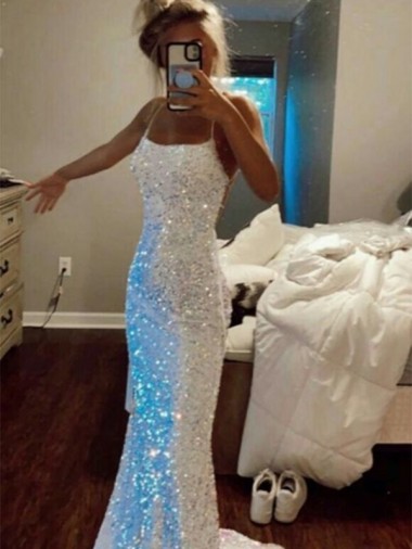 Long Spaghetti Straps Sleeveless Sweep Train Velvet Sequin Prom Dress Clearance