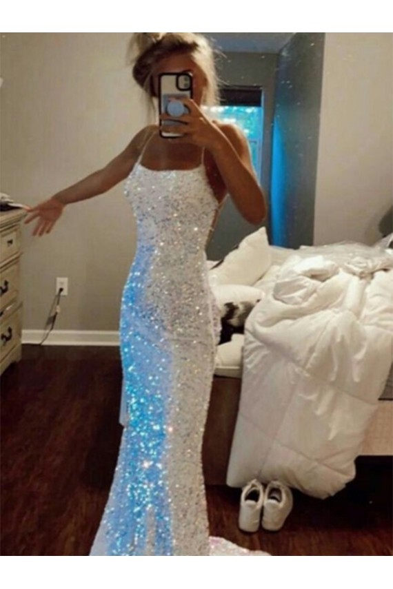 Long Spaghetti Straps Sleeveless Sweep Train Velvet Sequin Prom Dress Clearance