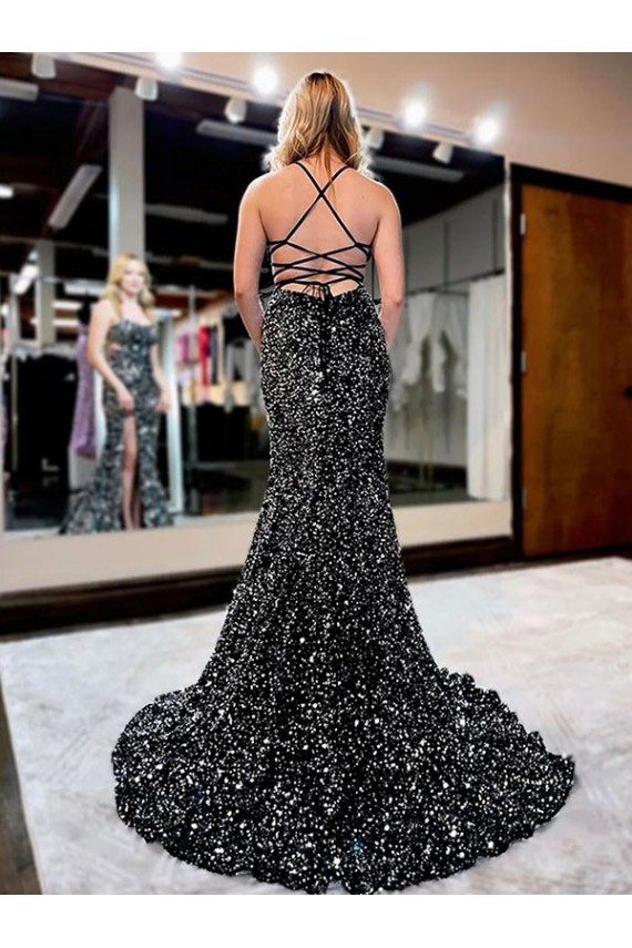 Spaghetti Straps Sleeveless Long Sweep Train Velvet Sequin Prom Dress Clearance
