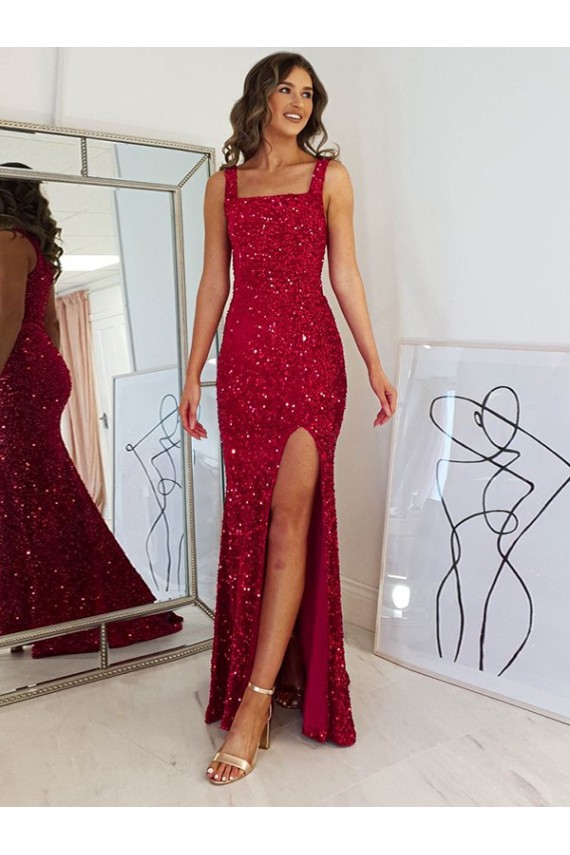 Square Neck Sleeveless Long Velvet Sequin Prom Dress with Slit Clearance