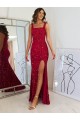 Square Neck Sleeveless Long Velvet Sequin Prom Dress with Slit Clearance