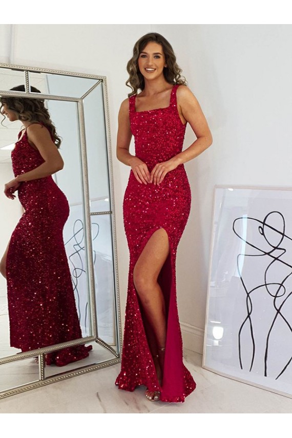 Square Neck Sleeveless Long Velvet Sequin Prom Dress with Slit Clearance