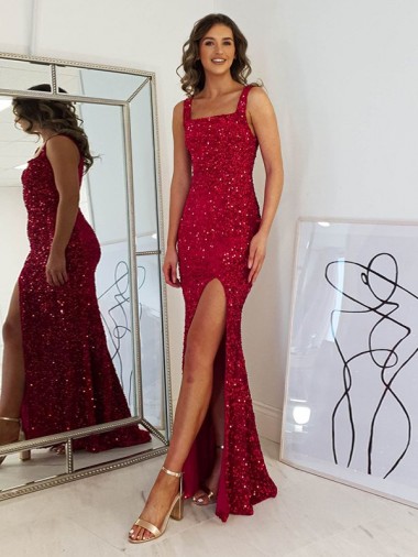 Square Neck Sleeveless Long Velvet Sequin Prom Dress with Slit Clearance