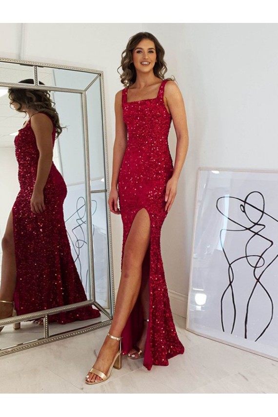 Square Neck Sleeveless Long Velvet Sequin Prom Dress with Slit Clearance
