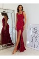 Square Neck Sleeveless Long Velvet Sequin Prom Dress with Slit Clearance