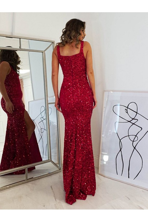 Square Neck Sleeveless Long Velvet Sequin Prom Dress with Slit Clearance