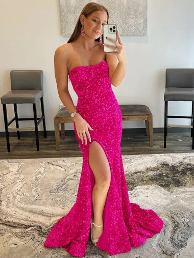 Strapless Sleeveless Long Sweep Train Velvet Sequin Prom Dress with Side Slit Clearance