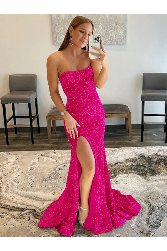 Strapless Sleeveless Long Sweep Train Velvet Sequin Prom Dress with Side Slit Clearance
