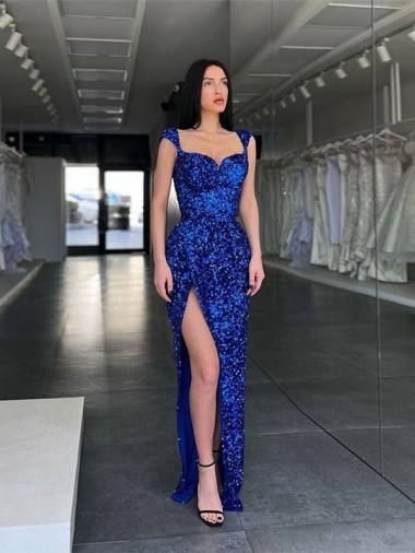 Sleeveless Long Sweep Train Velvet Sequin Prom Dress with High Slit and Straps Clearance