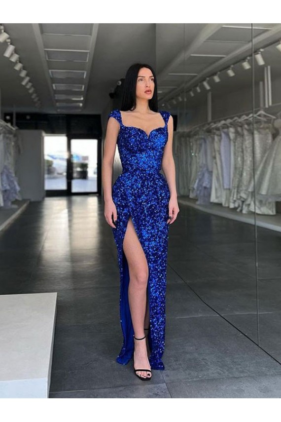 Sleeveless Long Sweep Train Velvet Sequin Prom Dress with High Slit and Straps Clearance
