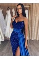 Sweetheart Sleeveless Long Sweep Train Velvet Sequin Prom Dress with Slit Clearance