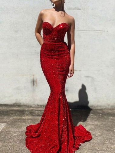 Mermaid Sweetheart Sleeveless Long Court Train Velvet Sequin Prom Dress Clearance