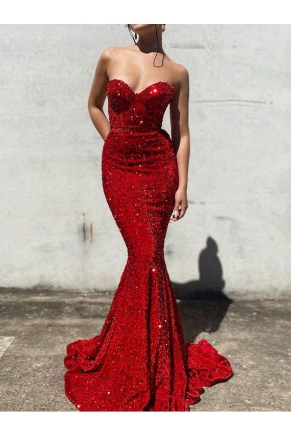 Mermaid Sweetheart Sleeveless Long Court Train Velvet Sequin Prom Dress Clearance