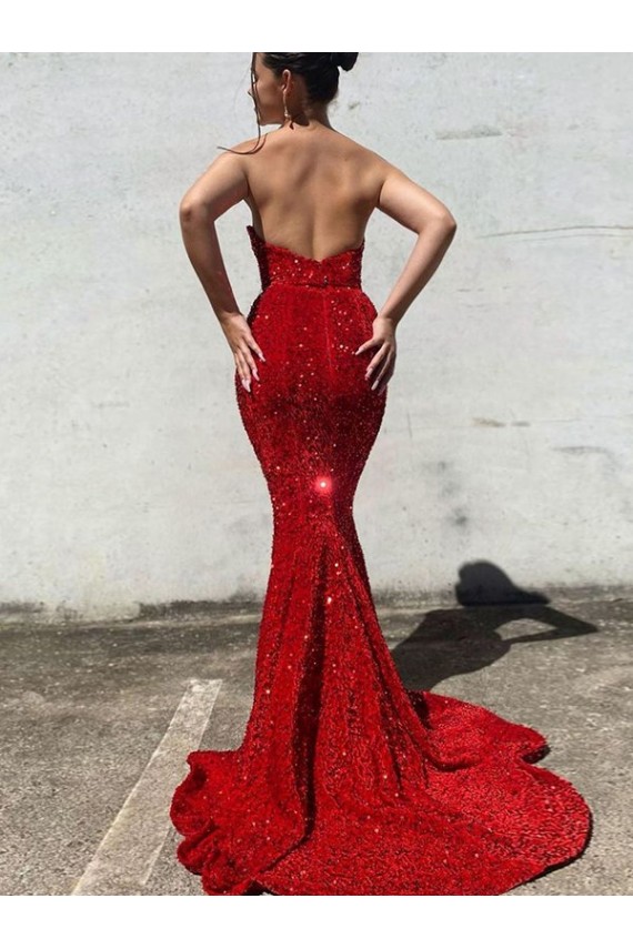 Mermaid Sweetheart Sleeveless Long Court Train Velvet Sequin Prom Dress Clearance
