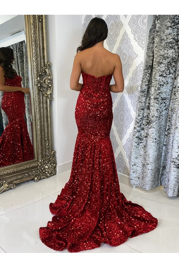 Sweetheart Sleeveless Long Court Train Velvet Sequin Prom Dress Clearance