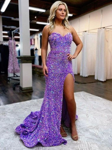 A-Line Sweetheart Sleeveless Long Velvet Sequin Prom Dress with Slit Clearance