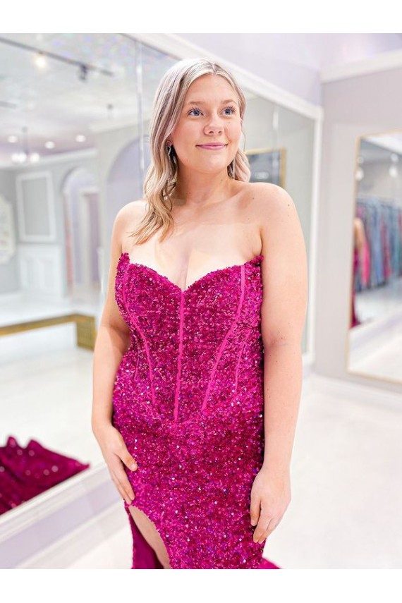 Long Sweetheart Sleeveless Sweep Train Velvet Sequin Prom Dress with Slit Clearance