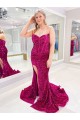 Long Sweetheart Sleeveless Sweep Train Velvet Sequin Prom Dress with Slit Clearance