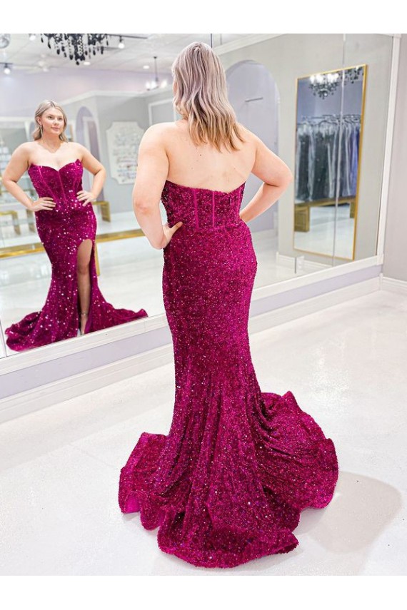 Long Sweetheart Sleeveless Sweep Train Velvet Sequin Prom Dress with Slit Clearance