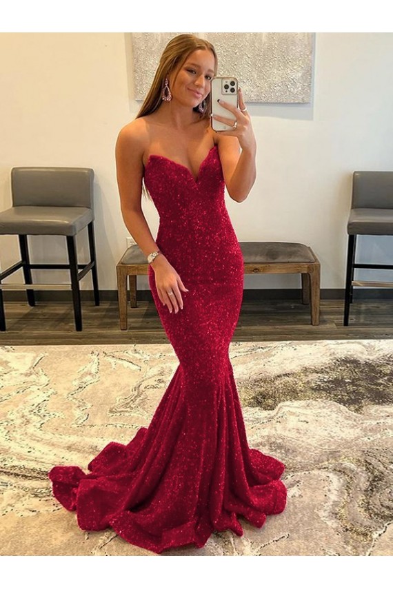 Sweetheart Sleeveless Long Sweep Train Velvet Sequin Prom Dress Clearance