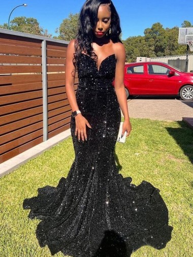 Mermaid Sweetheart Sleeveless Long Floor Length Velvet Sequin Prom Dress Clearance