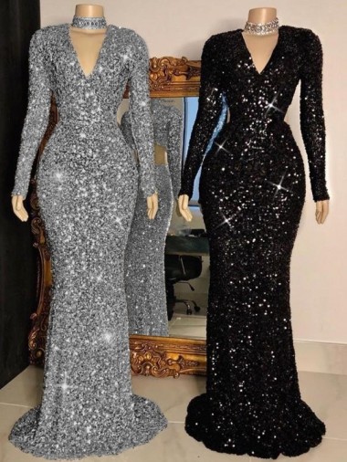 V-Neck Long Sleeves Long Sweep Train Velvet Sequin Prom Dress Clearance