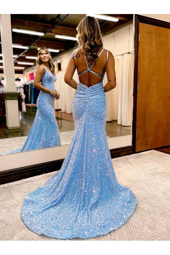 Criss Cross Open Back V-Neck Sleeveless Long Velvet Sequin Prom Dress Clearance