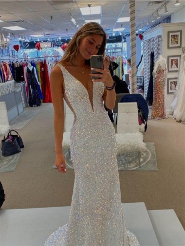 V-Neck Sleeveless Long Velvet Sequin Prom Dress with Sweep Train Clearance