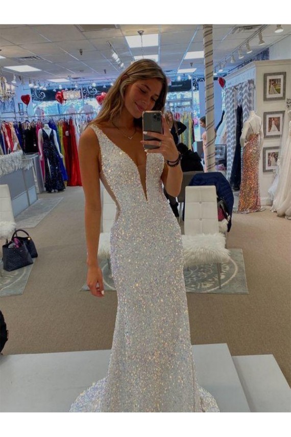 V-Neck Sleeveless Long Velvet Sequin Prom Dress with Sweep Train Clearance