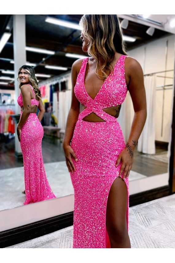 Long V-Neck Sleeveless Sweep Train Velvet Sequin Prom Dress with High Slit Clearance