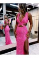 Long V-Neck Sleeveless Sweep Train Velvet Sequin Prom Dress with High Slit Clearance