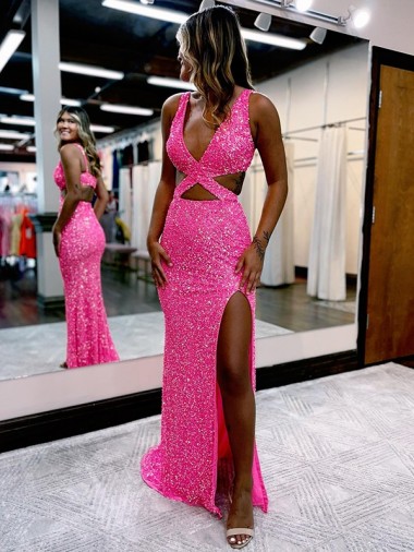 Long V-Neck Sleeveless Sweep Train Velvet Sequin Prom Dress with High Slit Clearance