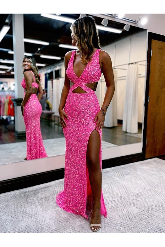 Long V-Neck Sleeveless Sweep Train Velvet Sequin Prom Dress with High Slit Clearance