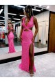 Long V-Neck Sleeveless Sweep Train Velvet Sequin Prom Dress with High Slit Clearance