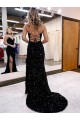 V-Neck Sleeveless Long Velvet Sequin Royal Blue Prom Dress with Side Slit Clearance