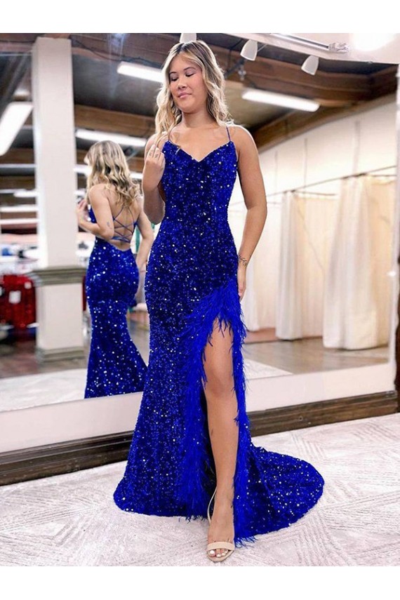 V-Neck Sleeveless Long Velvet Sequin Royal Blue Prom Dress with Side Slit Clearance