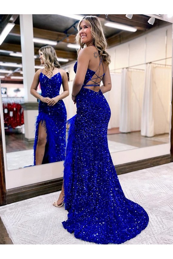 V-Neck Sleeveless Long Velvet Sequin Royal Blue Prom Dress with Side Slit Clearance