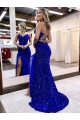 V-Neck Sleeveless Long Velvet Sequin Royal Blue Prom Dress with Side Slit Clearance