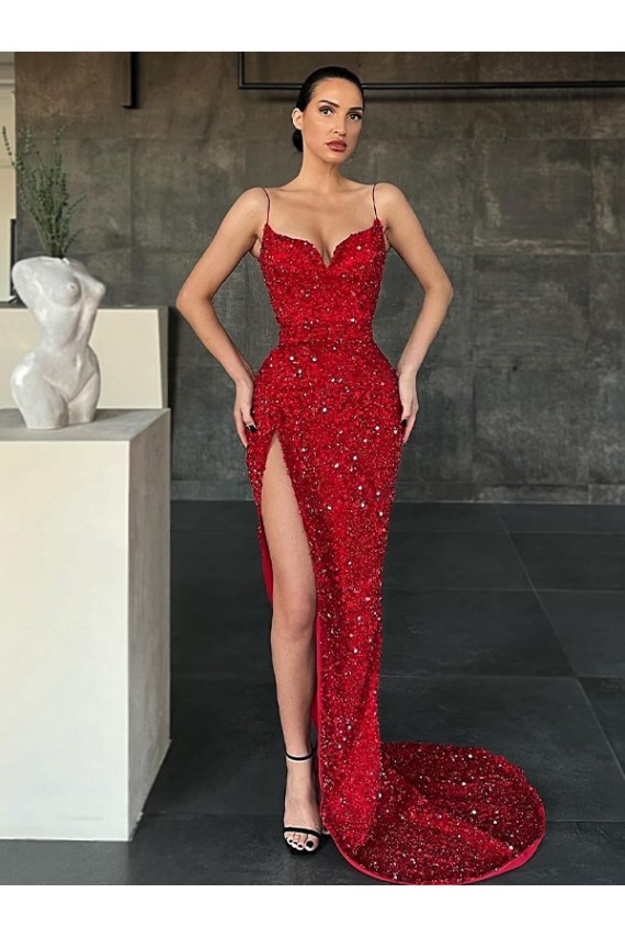 V-Neck Sleeveless Long Sweep Train Velvet Sequin Prom Dress with High Side Slit Clearance
