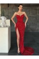 V-Neck Sleeveless Long Sweep Train Velvet Sequin Prom Dress with High Side Slit Clearance
