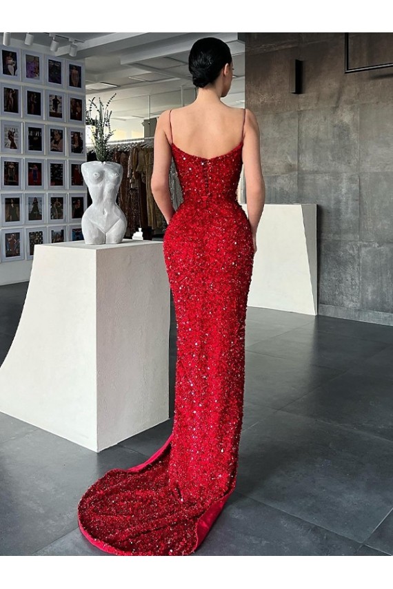 V-Neck Sleeveless Long Sweep Train Velvet Sequin Prom Dress with High Side Slit Clearance